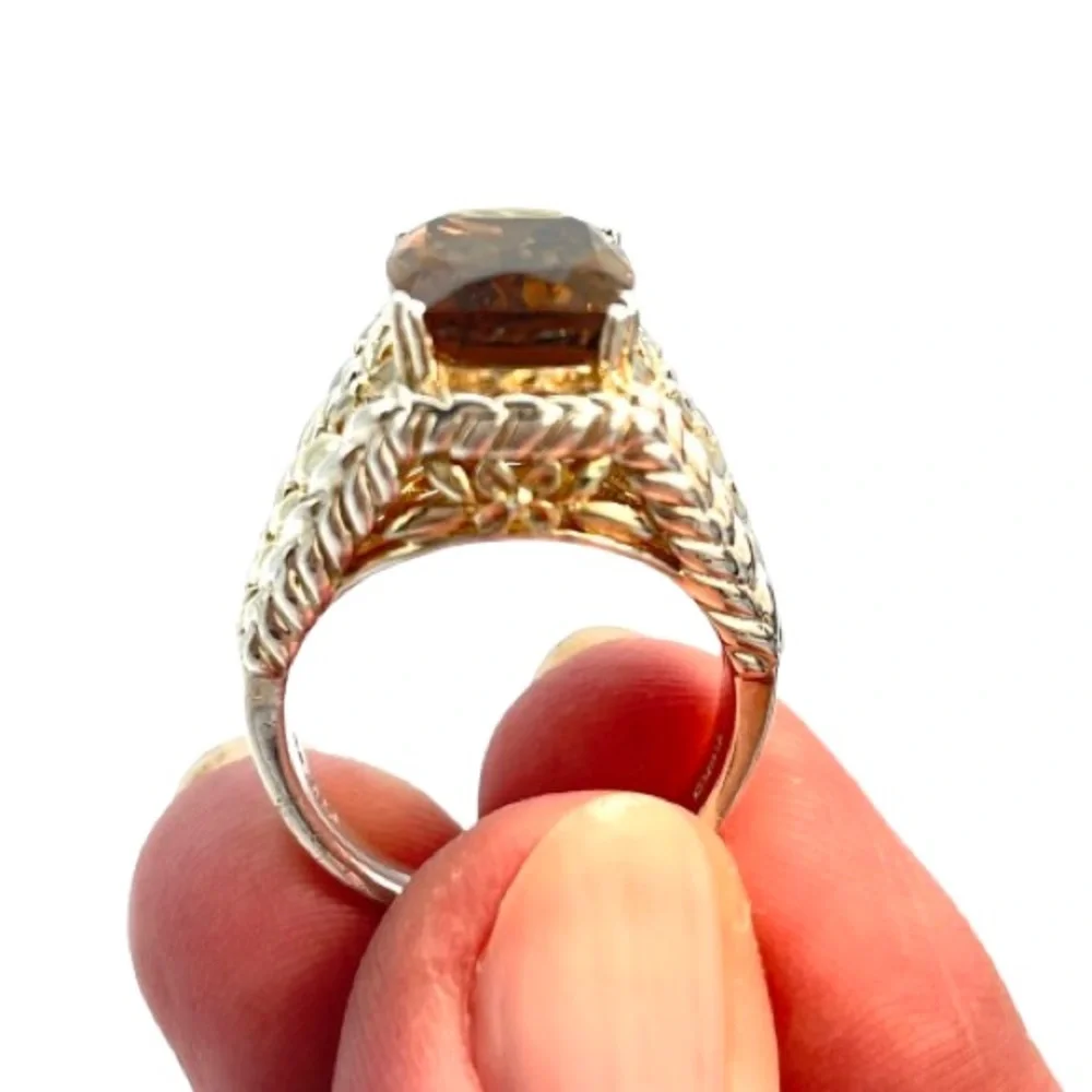 Silver Citrine & Gold Tone Ring | Large Faceted Gem Stone | 925 Sterling